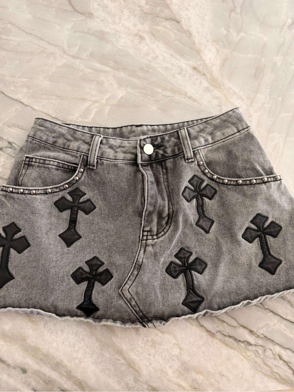 Washed Gray Denim Mini Skirt with Black Cross Appliqués